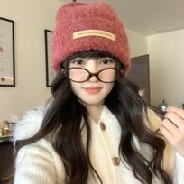 Korean Style Wool Knit Hat with Leather Tag for Women - Soft Texture, Large Fit for Autumn & Winter