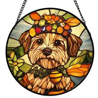 Round Stained Glass Window Hanging Suncatcher with Dog and Floral Pattern for Home Kitchen Garden Conservatory Decoration with Chain Easy to Hang