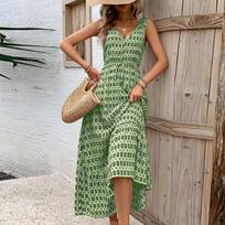 Women Casual Sleeveless Summer Dresses Spring Patchwork Boho Floral Cocktail Party Dress L žalia