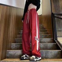 American Retro Hiphop Pants High Street Splicing Striped Sweatpants Men's Loose Straight Drape Wide-leg Pants M raudona
