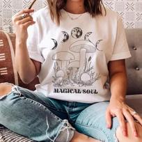 Large Size Celestial T-Shirt Versatile Casual Fashion Tops Wounisex's T-Shirt Mushroom Moon Phase Retro Aesthetic Pattern T-S S įvairiaspalvis