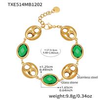 Elegant Stainless Steel Pig Nose Patchwork Bracelet with Oval Glass Stone Charm