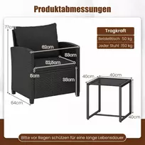 Lauko baldų komplektas Promotions Sodo baldų komplektas 2 kėdės su pagalvėlėmis ir stiklinis stalas 40x40x40 cm juodas rotangas