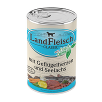 LandFleisch šunų konservai su paukštienos širdelėmis ir menkių mėsa, 400 g