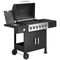 Dujinis grilis 17,8 kW 6+1 degiklio BBQ vežimėlis iš nerūdijančio plieno su ratukais, šoniniu degikliu, termometru ir emaliuotomis grotelėmis