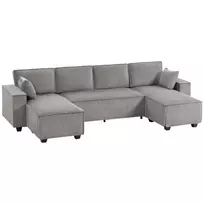 Kampinė sofa su dviem šezlongais, U formos sofa iš velvetinio audinio su plačia ir gilia sėdyne, spyruoklinės pagalvėlės, šviesiai pilka