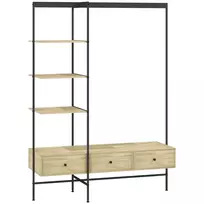 Drabužių kabykla su lentynomis, stalčiais ir drabužių skersiniu, 180 cm laisvai pastatoma modernaus stiliaus kabykla, metalinis rėmas, ąžuolo spalva