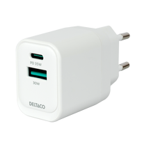 USB GaN sieninis įkroviklis DELTACO, 1x USB-A 18 W, 1x USB-C PD 35 W, PPS / USBC-AC159 / 1903775