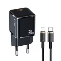 USAMS T45 travel charger | 30W | PD3.0 | USB-C | with USB-C to Lightning cable included | black