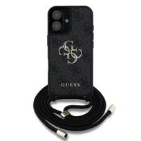 Guess 4G petnešamas dėklas su dideliu logotipu ir virvele iPhone 16 (juodas)