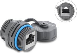 Delock Kabelverbinder RJ45 Buchse zu RJ45 Buchse Cat.6A mit M23.5 x 1,5 mm Gewinde und Verschlusskappe IP68 staub- und wasserdicht grau (87157)