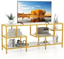 Koduva 147 cm TV staliukas su metaliniu rėmu ir stiklo lentynomis, auksinis