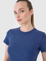 Moteriški T-shirt slim marškinėliai iš dryžuoto audinio - tamsiai mėlyni
