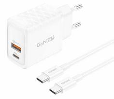 Foneng EU56 1xUSB-A, 1xUSB-C, 20W maitinimo įkroviklis (baltas) + USB-C laidas