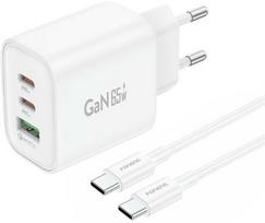 Foneng laidinis įkroviklis GaN10-EU - USB + 2xType C - QC 4.0+ PD 65W su Type C į Type C kabeliu baltos spalvos