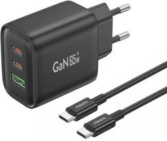Foneng laidinis įkroviklis GaN10-EU - USB + 2xType C - QC 4.0+ PD 65W su Type C į Type C kabeliu juodos spalvos