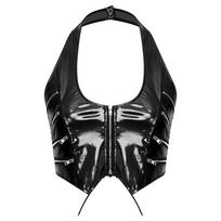 Women Glossy PU Leather Halter Crop Top Zip Details Front Zipper Back Lace Up V Neck Mini Corset Y2k Clubwear S