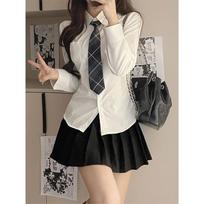 Women's Sweet & Spicy Waist-Hugging Long-Sleeve College Shirt - Slim Fit Student Style (White) XS