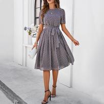 Women's spring and summer temperament casual polka dot lace-up long dress dress S kava