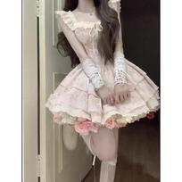 Sweet Spice Girl Pink Floral Dress Female Small Summer Beautiful Waist Fluffy Short Skirt College Style Cake Dress S- (can be worn within 45kg) rožinė
