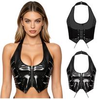 Women Glossy PU Leather Halter Crop Top Zip Details Front Zipper Back Lace Up V Neck Mini Corset Y2k Clubwear S