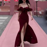 Temperament Celebrity Banquet Dress One-word Shoulder Dress Temperament Split Fork Waist Hips Fish Tail Dress S- (can be worn within 45kg) raudona