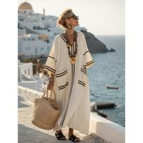 3D digital printing V-neck five-quarter sleeve long pocket Kaftan dress S