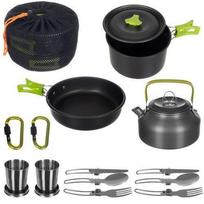 Prekė su pažeista pakuote. Turistinių indų rinkinys Portable Kitchen Utensils Set, nerūdijantysis plienas, 17.5 cm, žalia sp./pilka sp., 18 vnt.