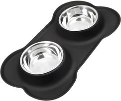 Stovas su dubenėliais šuniui Pet Nova Double, 0.4 l, 14 cm x 14 cm x 3.5 cm, 2 vnt., sidabro sp./juoda sp.
