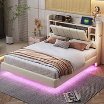 Polsterio lova 140x200 cm su USB jungtimi, LED šviesa, lentynėlės, metalinis rėmas, lino audinys, dvigulė, smėlio spalvos