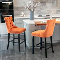 2 vnt aksominės baro kėdės, oranžinė, mygtukai, medinės kojos, chromo detalės