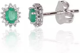 Auksiniai auskarai vinukai, Baltas Auksas, Briliantai , Smaragdas - 1.48 g. - 8 mm. - Briliantai (0,077Ct), Smaragdas (0,338Ct)