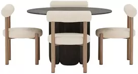 Venture Design Valgomojo stalas ir kėdžių komplektas Tekla apvalus valgomojo stalas ir Tillo kėdės 120x75 cm juoda balta MDF bouclé