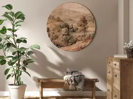 Apvalus paveikslas ant drobės - Viduržemio peizažas su kalva ir ežeru