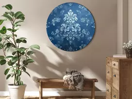 Apvalus paveikslas ant drobės - Retro ornamentas blukusio mėlio tonais