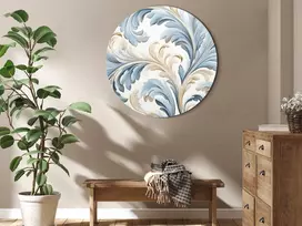 Apvalus paveikslas ant drobės - Šviesūs baroko ornamentai kremiškai mėlyvais tonais