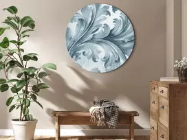 Apvalus paveikslas ant drobės - Akmens baroko ornamentai pilkai mėlyvais tonais