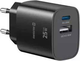 Swissten Travel Charger Edge GaN USB-A 18W / USB-C 25W juodas