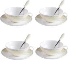 Porcelianinių puodelių ir lėkštučių su šaukšteliais rinkinys, 4 vnt., 160 ml