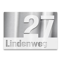 Namo numerio lentelė iš nerūdijančio plieno su gatvės pavadinimu | RAL 9016 Balta