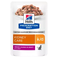 Hills Feline k/d Beef Konservuotas maistas katėms inkstų funkcijai palaikyti, esant inkstų funkcijos nepakankamumui. Su jautiena 12x85g
