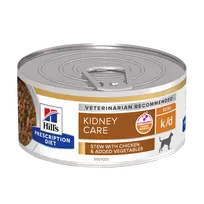 Hill’s Prescription Diet Canine k/d Chicken Vegetable StewKonservuotas maistas šunims inkstų funkcijai palaikyti, esant inkstų funkcijos nepakankamumui. Su vištiena ir daržovėmis 156 g