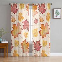 Rudens klevo lapų oranžinės languotos tiulio užuolaidos svetainei, permatomos užuolaidos miegamojo, virtuvės langui 135W x 114H(cm) beige