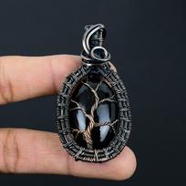 Juodo Obsidiano Brangakmenio Rankų Darbo Gryno Vario Vielos Apvyniojimo Papuošalo Pakabukas Moterims 2.56 Inches