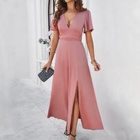 Moteriška vasarinė ilga suknelė Moteriškos laisvalaikio vakarėlio suknelės Elegantiška vintažinė maxi suknelė moterims Liekna V formos iškirptė S rožinė