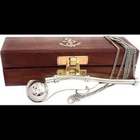 Nautical Nickel Plated Boatswain/Bosun Pipe Whistle Chain with Wooden Box