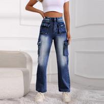 Girls Fashion Multi-pocket Baggy Cargo Jeans L
