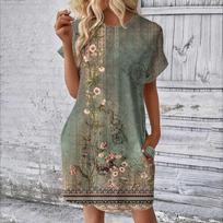 Women's Fashion Summer Printed Loose Short Sleeved Loose Fitting Medium Length T-shirt Dress XXL juoda