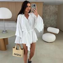 Pavasario ir vasaros laisva mini suknelė su raukiniais, laisvalaikio, platėjančiomis rankovėmis, šventinės suknelės, seksualios, gilios V formos iškirptės, vientisos spalvos moteriškos suknelės, vestidos XXL balta