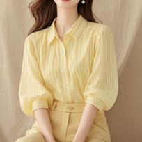 Summer Blouse, High-end Temperament, Three-quarter Lantern Sleeve Yellow Striped Shirt XXL geltona